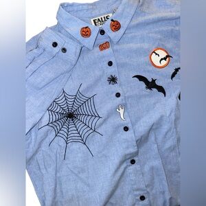 Vintage Falls Creek Halloween Chambray Button Down With Pumpkins Web Sz Medium